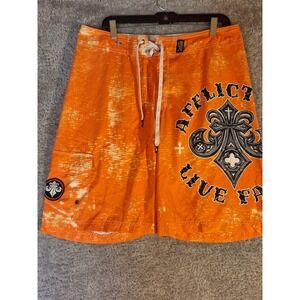 Affliction Mens Orange Board Shorts Swim Trunks Size 34 Distressed Gothic Cross